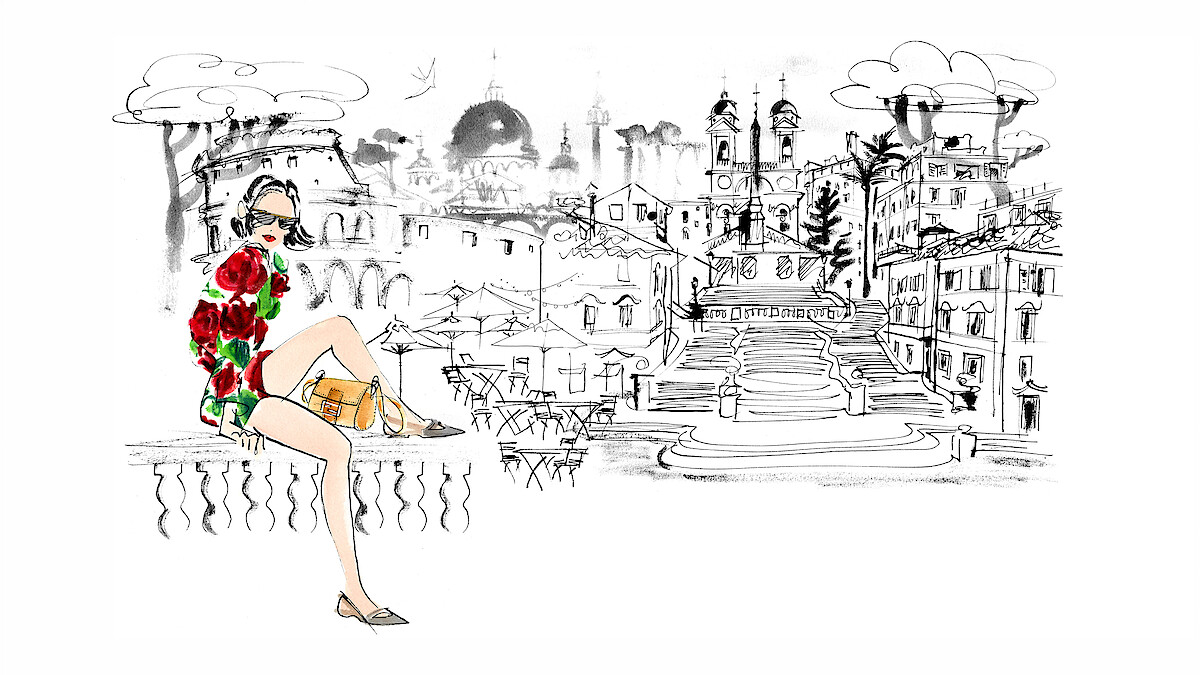 An illustration of Emily Cooper sitting on a carved stone ledge with the streets of Rome behind her, wearing the fabulous floral short and blouse set and fake Fendi Baguette purse that the marketing maven wore to meet the team at Fendi in Season 3 of Emily in Paris.