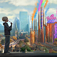 A child stands on a city rooftop overlooking a colorful, whimsical chocolate factory with rainbow smoke, surrounded by modern buildings and a bright sky.