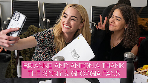 Still of Brianne Howey and Antonia Gentry taking a selfie together