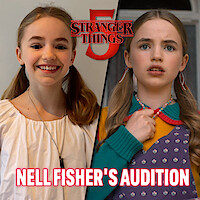 Duas imagens de Nell Fisher: uma sorrindo, com uma blusa branca; outra com expressão surpresa, com roupas coloridas. Com texto indicando ‘Stranger Things 5’ e ‘Audição de Nell Fisher’ em letras iluminadas, com tom dramático esperançoso.