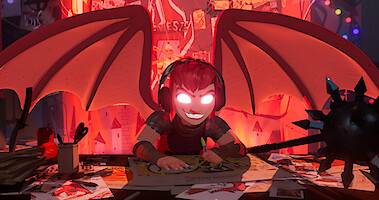 Animated protagonist Nimona with glowing eyes and bat wings. 