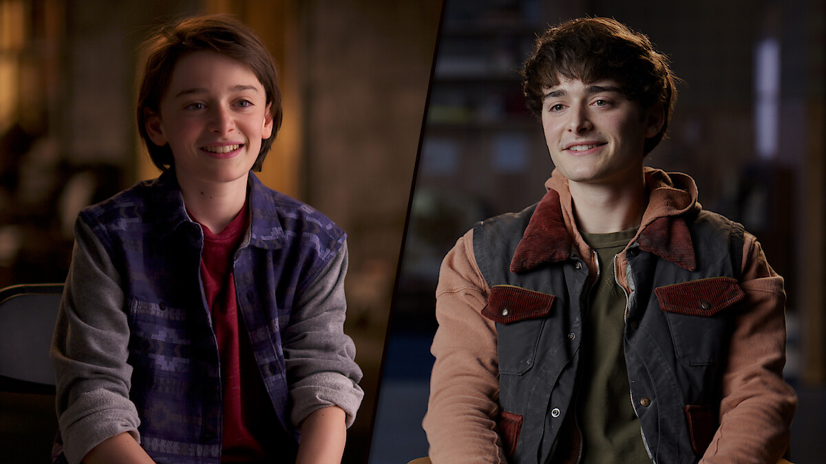 Split image featuring a younger Noah Schnapp on the left and an older version on the right, both seated indoors, smiling, and dressed casually in soft, natural lighting.