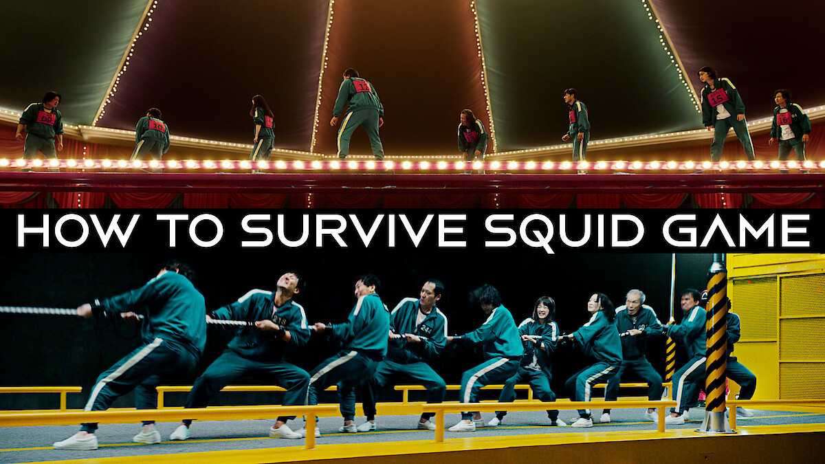 Players in green tracksuits compete in Squid Game challenges under dramatic lighting. The top scene features the Glass Stepping Stones game, while the bottom shows a tense moment from Tug-of-War.
