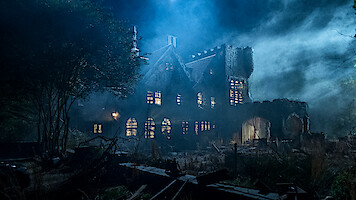 Old, abandoned mansion at night surrounded by overgrown vegetation, eerie mist, and dramatic lighting creating a spooky, haunted atmosphere. Broken windows and ruined walls add to the mysterious, unsettling mood of the scene.