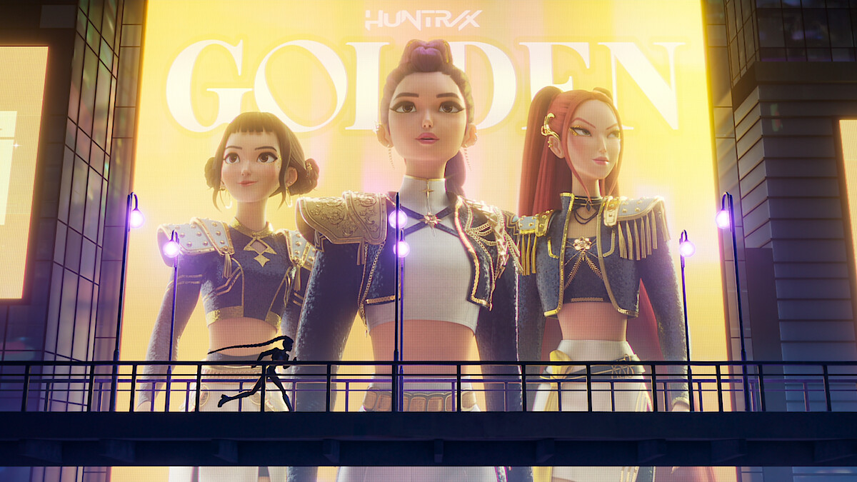 Three animated women in stylish uniforms pose confidently on a bright billboard in a cityscape at night, while a person runs across a bridge in the foreground. The environment features modern urban elements and glowing lights.