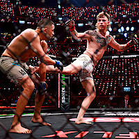 Two mixed martial artists fighting in a cage during a professional match, with one delivering a kick to the other's leg. The arena is filled with lights and the audience is visible in the background.