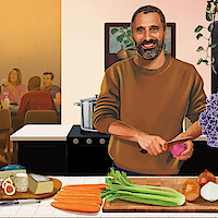 Illustration of a smiling man preparing food in a cozy kitchen, slicing a red onion beside carrots, celery, and flowers on the counter. 