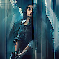 A woman with long dark hair stands in a dimly lit, blue-toned environment, holding a gun, looking tense and alert; blurred reflections or glass panels surround her, creating a dramatic, suspenseful atmosphere.