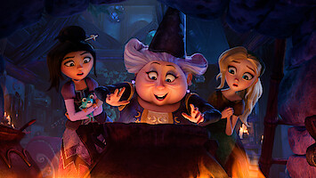 Three animated characters, including a cheerful witch in a hat, stand around a bubbling cauldron in a mystical, fire-lit room, with magical and curious expressions.
