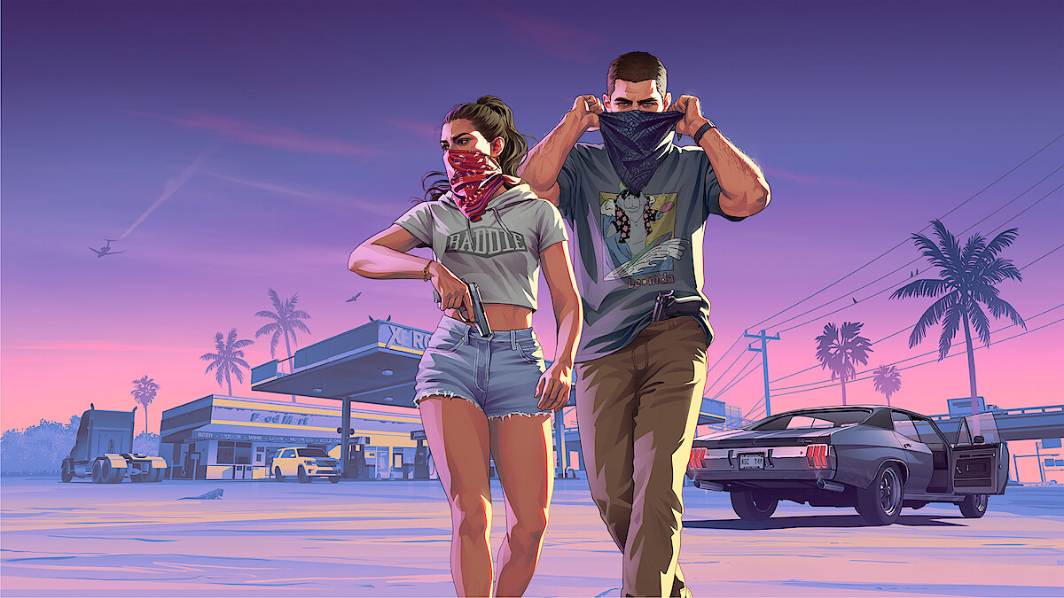 Two people with bandanas preparing for a heist near a gas station at sunset. Palm trees, a parked muscle car, police, and a pink-purple sky create a dramatic, stylized urban scene.