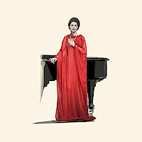A sketch of Angelina Jolie as Maria Callas. She wears a red dress and stands by a black piano looking downright regal.
