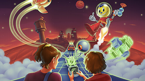 Two kids hold a handheld console as a futuristic world emerges from it. A robot hero, Kid Cosmo, flies with a jetpack, surrounded by a glowing grid, floating gears, and alien technology in space.