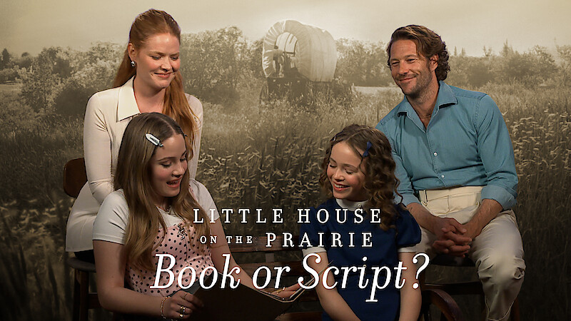 Four people, two adults and two children, sitting and smiling indoors with a sepia-toned prairie and covered wagon backdrop, reading or looking at a book. Text reads: Little House on the Prairie Book or Script?