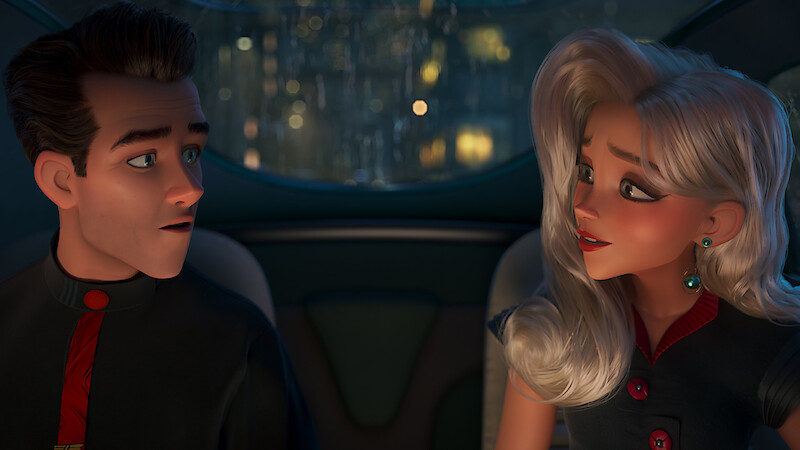 Animated man and woman with expressive faces sit together in a futuristic vehicle at night, city lights visible through the window, appearing to have an engaging conversation.