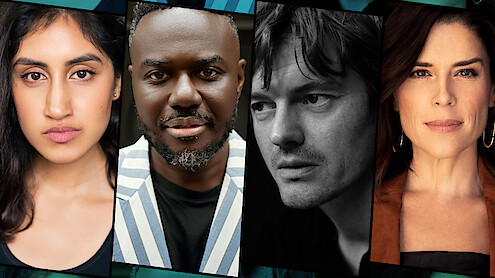Headshots of Ambika Mod, Babou Ceesay, Sam Riley, and Neve Campbell for 'Black Doves' Season 2