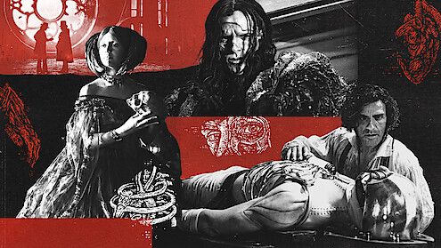 A collage of dramatic scenes showing a woman in period dress, a bloodied figure, a man beside a humanlike machine, and surreal sketches, all set in a dark, intense atmosphere with red and black tones.