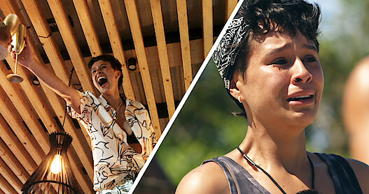 Surviving Paradise - in a split screen one person is holding a goblet another looks upset