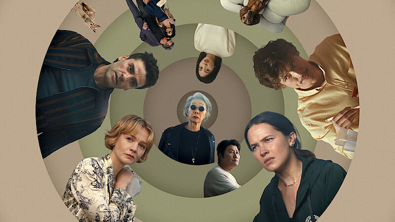 A photo illustration of the people, and animals, that are wrapped up in vortexes of beefs in Season 2 of BEEF featuring Carey Mulligan as Lindsay, Oscar Isaac as Josh, William Fletcher as Troy, Mikaela Hoover as Ava, Seoyeon Jang as Eunice, Chalres Melton as Austin, Cailee Spainey as Ashley, Song Kang-ho as Dr. Kim, and Youn Yuh-jung as Chairwoman Park.
