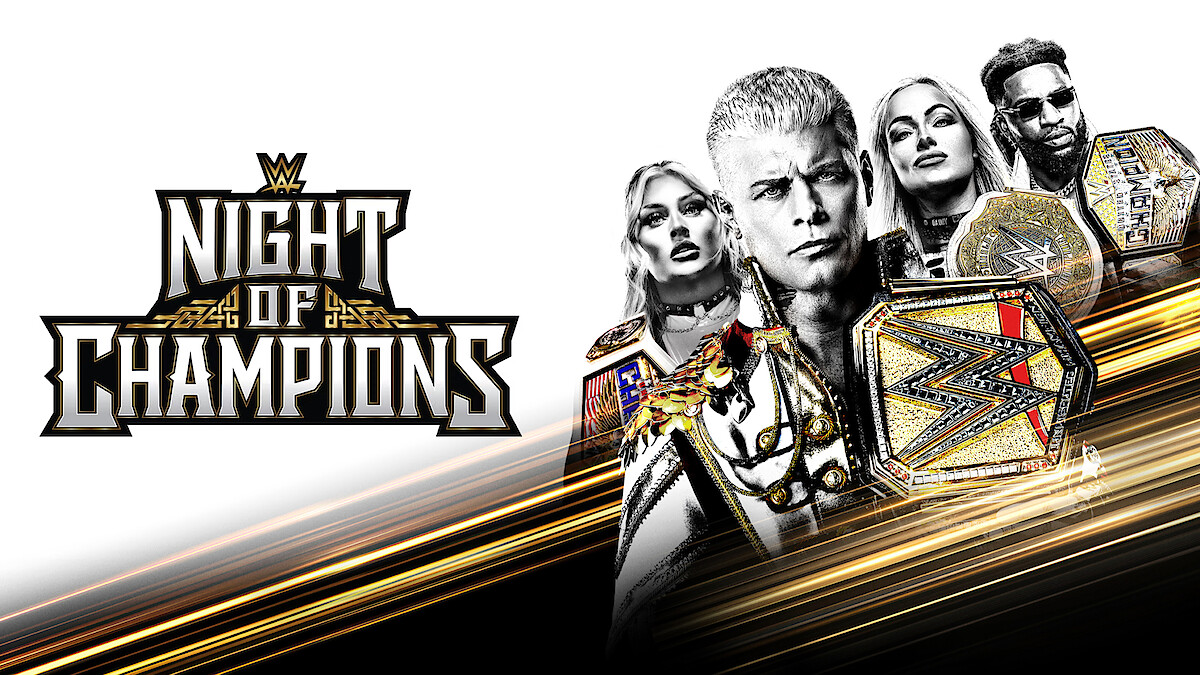 WWE Night of Champions promo featuring multiple wrestlers holding championship belts, with dynamic gold streaks and a bold event logo on a white and black background.