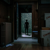 Silhouette of a person standing in a doorway, seen from inside a dimly lit room with moving boxes and wooden paneling, looking out toward a green, misty environment.
