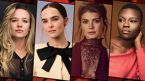Four women in portrait-style photos, each in different elegant attire, posed against various colored backgrounds. The settings are studio-lit with neutral to warm tones, focusing on facial expressions and fashion details.