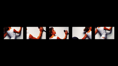 Five small, separate frames show a woman in a white top posing or dancing against a plain light background, arranged horizontally with black space between each frame.