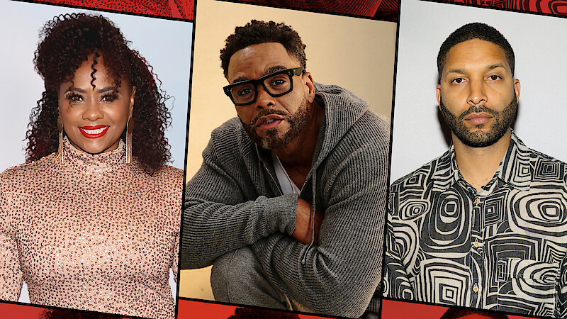 Three adults in separate portrait photos: a woman in a sparkly gold top, a man with glasses in a gray sweater, and a man in a patterned shirt, all set against different backgrounds with a graphic border.