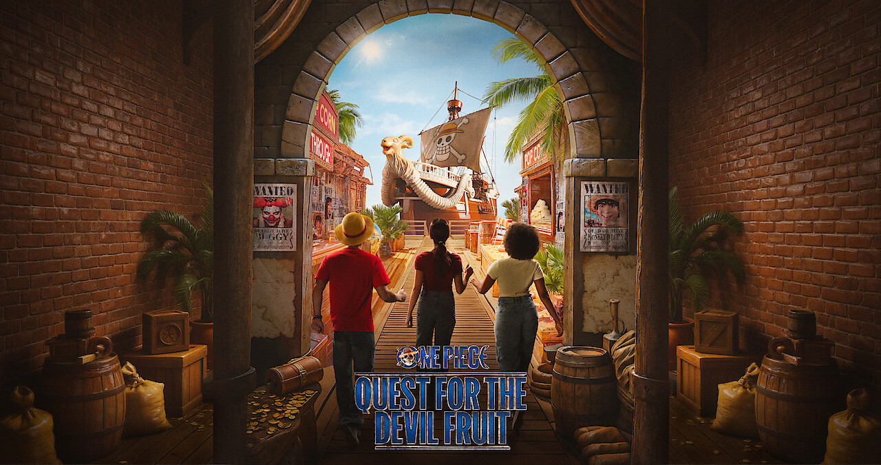 Three people walk through a brick archway toward a pirate ship in a lively tropical port, surrounded by barrels, crates, wanted posters, and palm trees, evoking adventure and excitement.