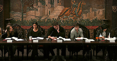 Freya Allan, Anya Chalotra, Liam Hemsworth, Joey Batey, and Meng’er Zhang at the table read for Season 4 of 'The Witcher'