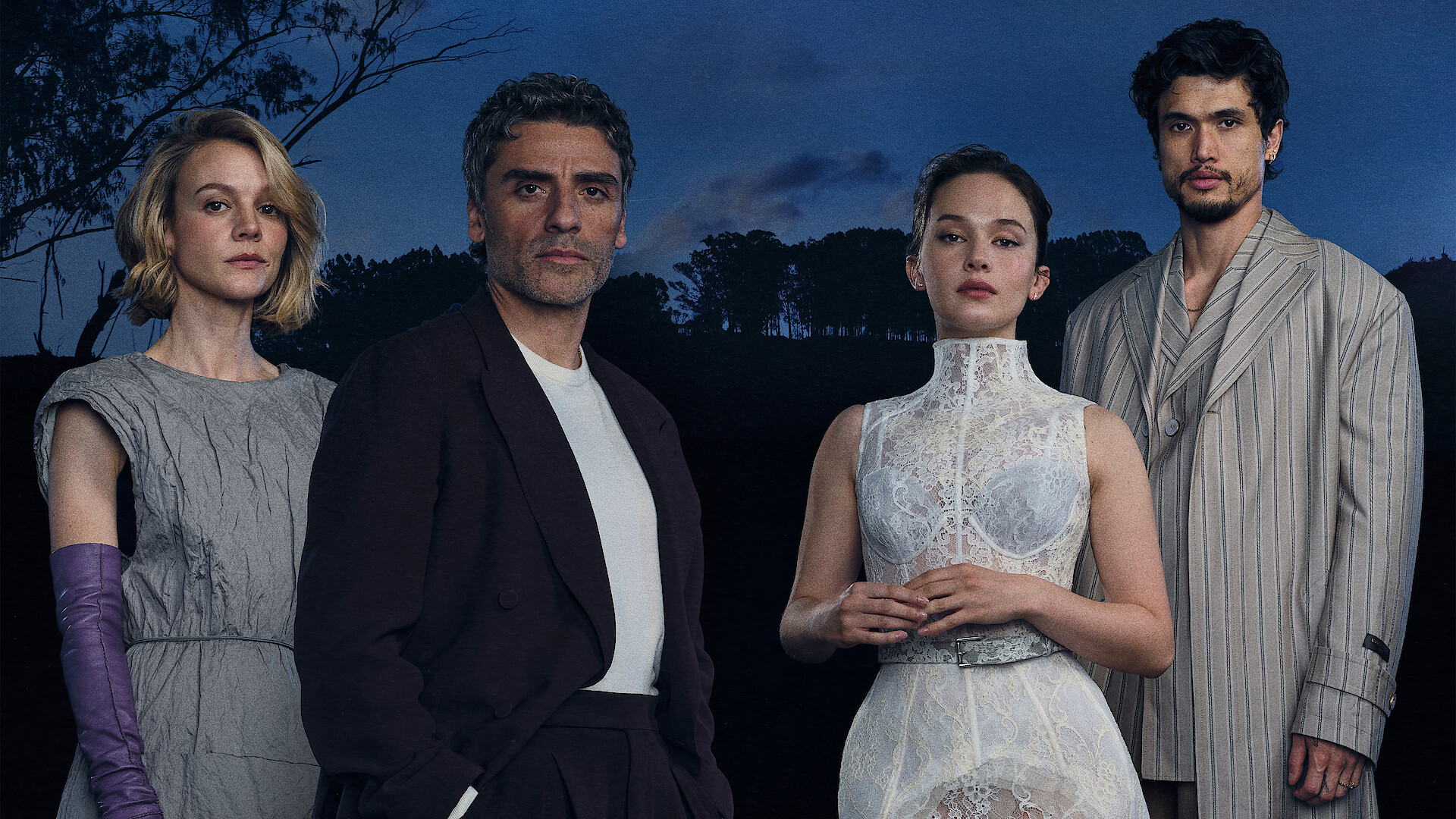 Image of the cast of Beef against a moody backdrop