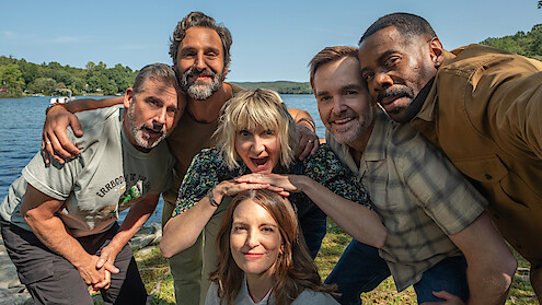 Steve Carell as Nick, Marco Calvani as Claude, Kerri Kenney as Anne, Tina Fey as Kate, Will Forte as Jack and Colman Domingo as Danny behind the scenes of 'The Four Seasons'