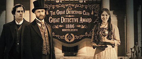 Three people in Victorian-era attire stand before a banner reading "The Great Detectives Club Great Detective Award 1886"; one woman holds a trophy, the scene set within grand architectural columns, evoking a formal ceremony.