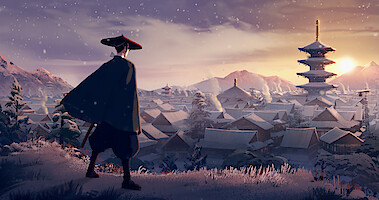 A samurai stands on top of a hill peering down at a town and mountains in the distance in 'Blue Eye Samurai.'
