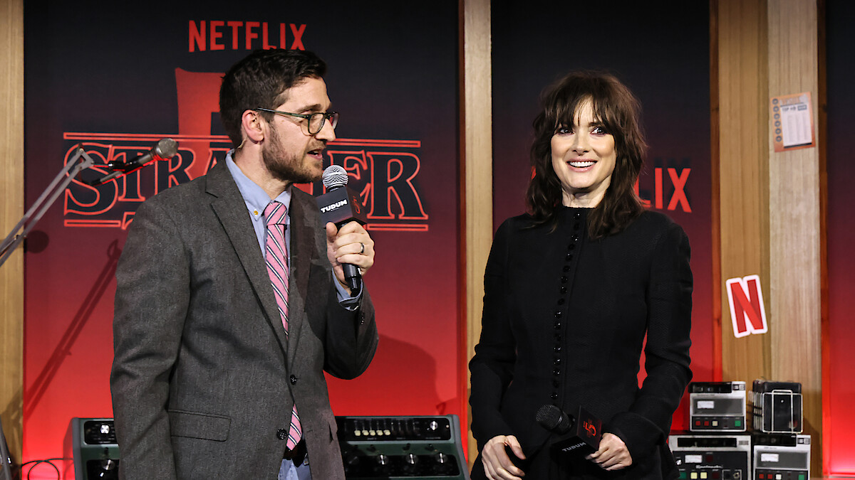 Josh Horowitz and Winona Ryder at the 'Stranger Things' Season 5 Premiere.