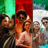Three pairs of people in different vibrant settings: a close romantic couple, a dramatic duo with a retro vibe, and a smiling pair under an umbrella, all separated by swirling colorful backgrounds.
