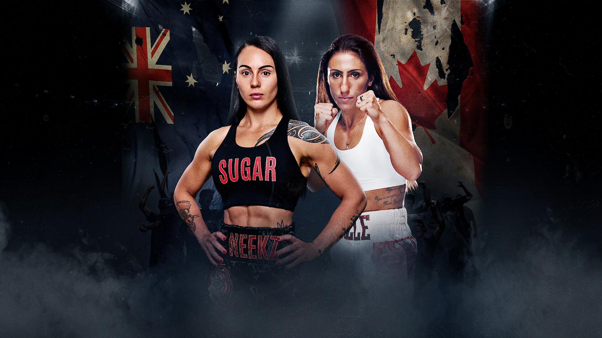 Cherneka Johnson and Amanda Galle pose in a dramatic, intense promotional poster with their country flags in the background