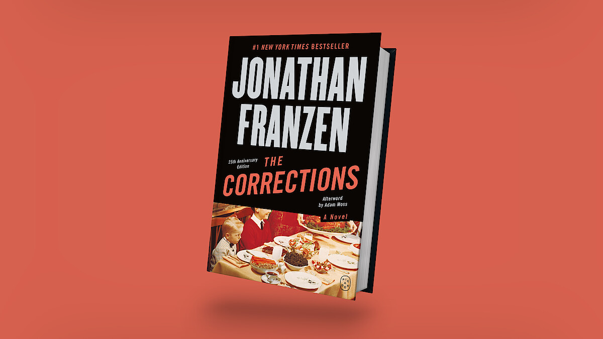 Jonathan Franzen’s novel "The Corrections" 20th Anniversary Edition book cover, showing a family at a holiday dinner table, set against an orange background.