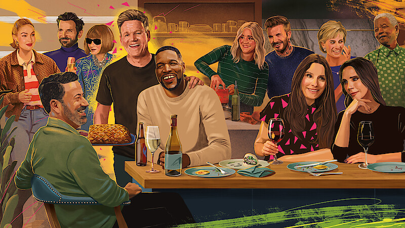 An illustration of Gordon Ramsey in his kitchen surrounded by friends and family at his dream dinner party.