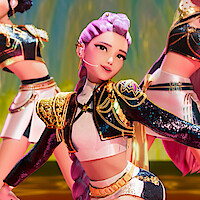 Animated still of three women performing on stage in 'KPOP Demon Hunters'
