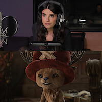 A woman in a recording studio wears headphones and sits at a microphone. Below, Chopper, an animated reindeer character with a large red hat stands in a warmly lit room with wooden furniture in the background.