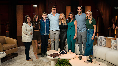 Tyler Henry and Rob Gronkowski pose together with friends and family.