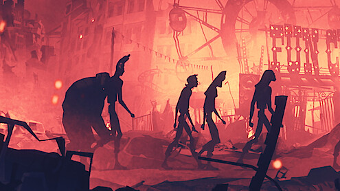 Key art for the episode "400 Boys" in 'Love, Death + Robots' Volume 4 featuring silhouetted figures walking with a burning ferris wheel behind them.