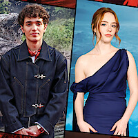 Two people separated by a diagonal split; left: young man in a denim jacket outdoors with greenery, right: young woman in a one-shoulder blue dress posing against a blue abstract background.