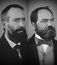 Two bearded men in old-fashioned suits pose for formal black-and-white portraits, with serious expressions against a plain, dark background, evoking a somber and historical mood.