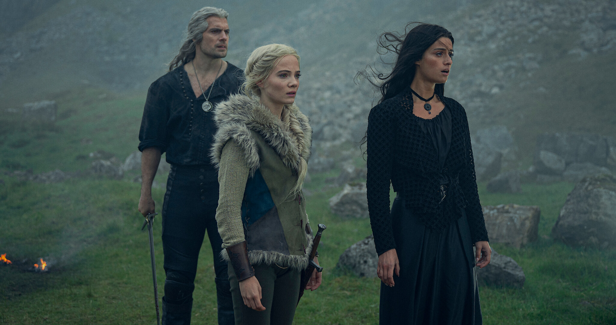 Henry Cavill as Geralt of Rivia, Freya Allan as Ciri and Anya Chalotra as Yennefer of Vengerberg.
