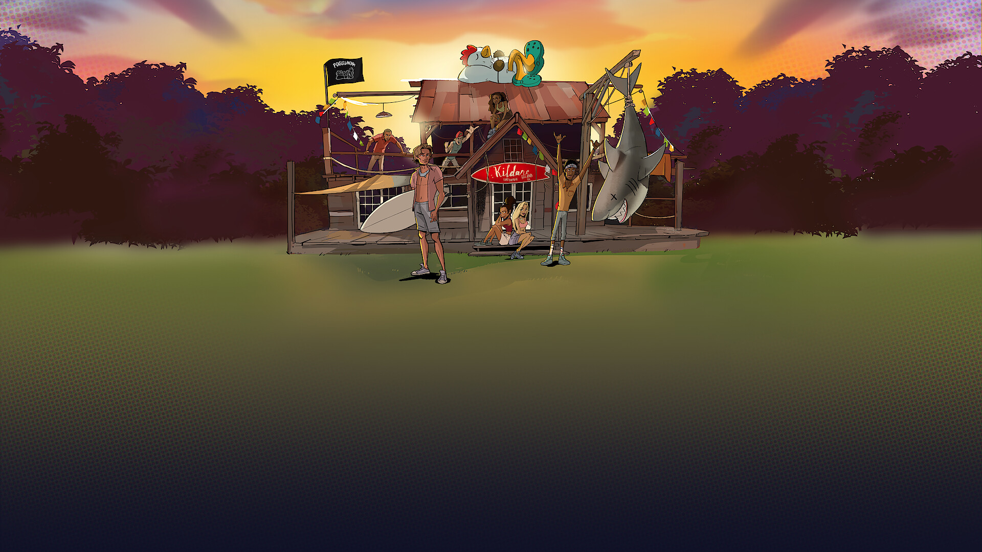 Illustration of the cast of Outer Banks at the Kildare Surf Shop