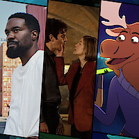 Side by side images of Yahya Abdul-Mateen II wearing a white T-shirt, Sacha Baron Cohen and Rosamund Pike, and an animated moose in a sweater