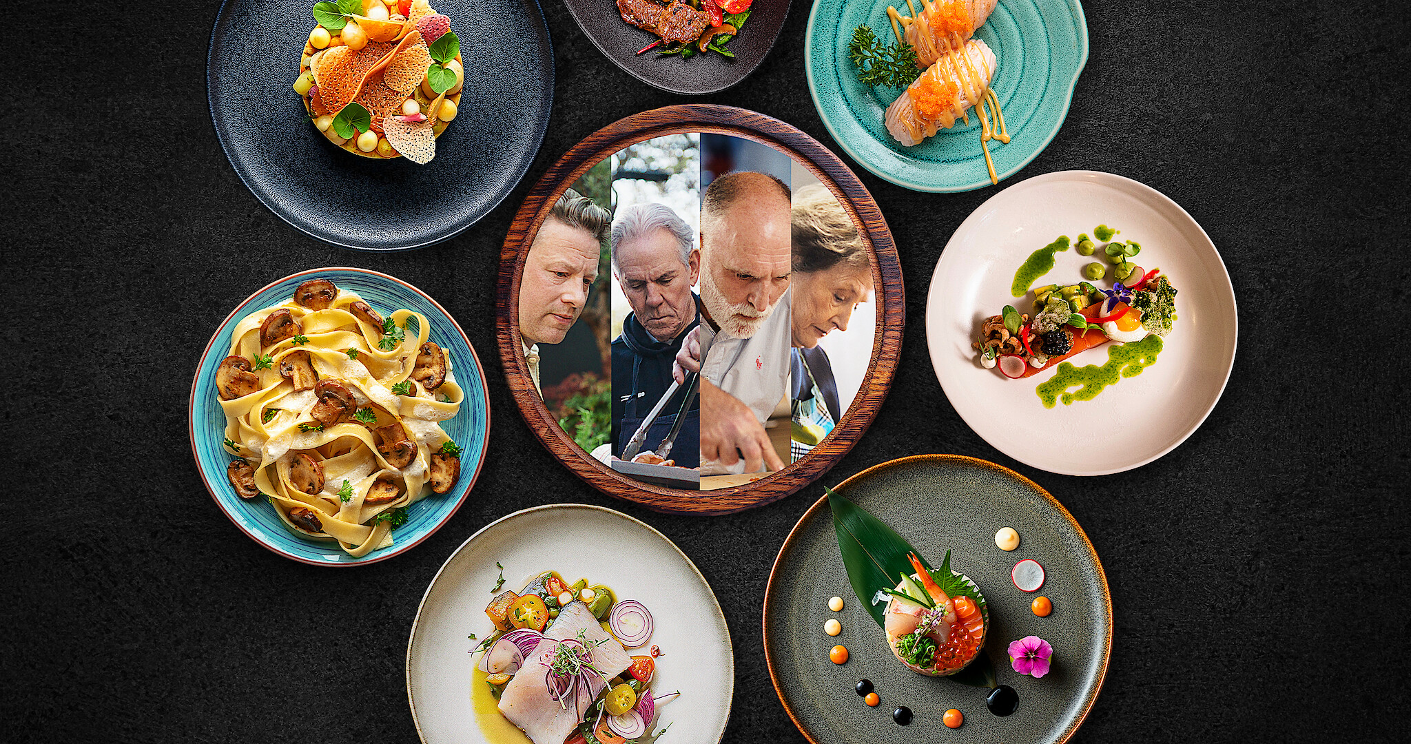 Chef's Table: Legends -- Four chefs surrounded by plates of food