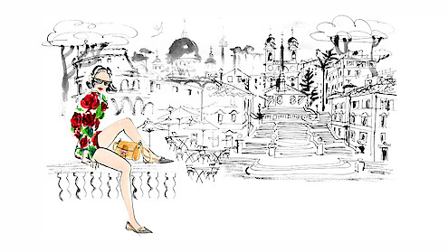 An illustration of Emily Cooper sitting on a carved stone ledge with the streets of Rome behind her, wearing the fabulous floral short and blouse set and fake Fendi Baguette purse that the marketing maven wore to meet the team at Fendi in Season 3 of Emily in Paris.