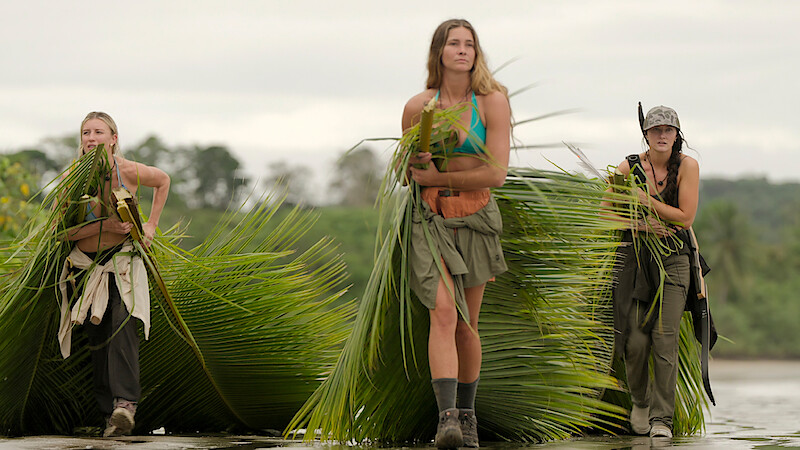 Outlast: The Jungle. (L to R) Halle Cooley, Mary Wedell, Maddy Jones in episode 101 of Outlast: The Jungle. Cr. Courtesy of Netflix © 2026